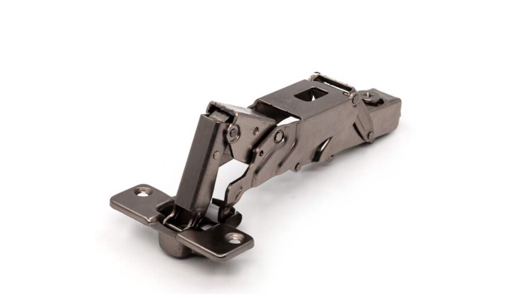 Петля с доводчиком угловая, 155/165гр, рег.эксц., без планки, Clip On, титан, TALISMAN